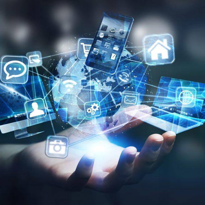 Tech devices and icons connected to digital planet earth